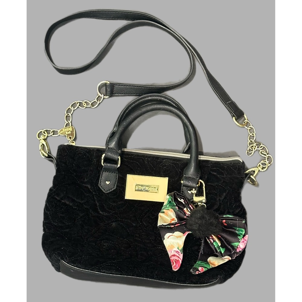 Betsey Johnson Black Velvet Rose Embossed Crossbody Bag Satchel with Floral Bow